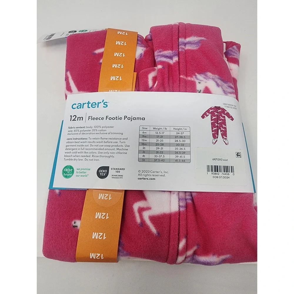 Carter's Girls Unicorn Fleece Footie Pajamas Pink Polyester Casual Size 12M